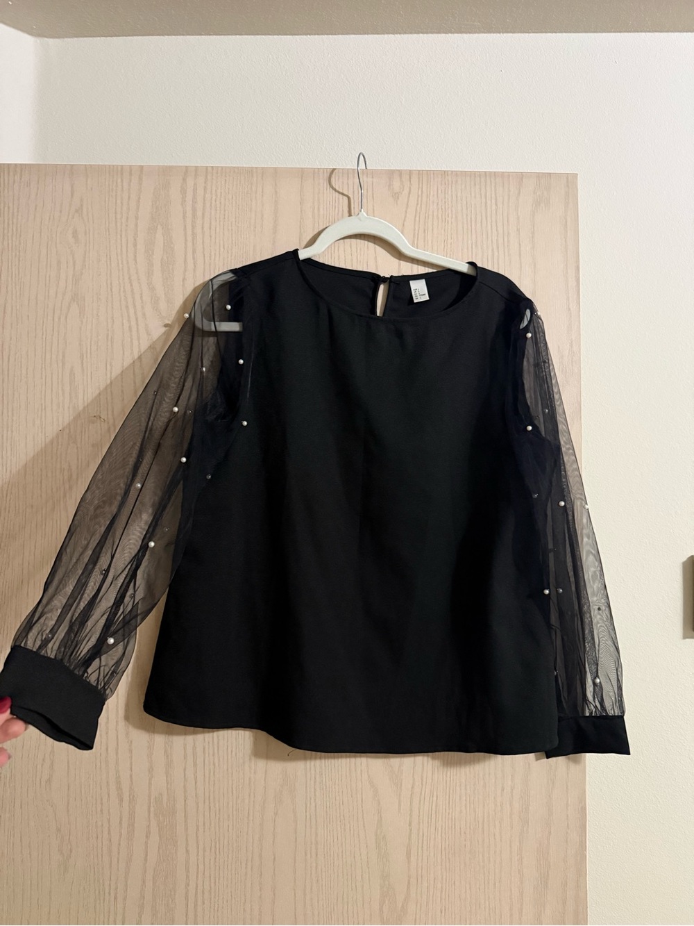Sheer Pearl-Embellished Black Blouse - Women's Top